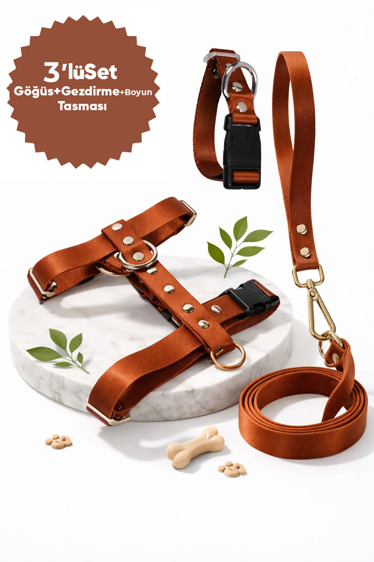 Kahverengi Çekiştirme Önleyici Ayarlanabilir H Tipi Köpek Göğüs & Gezdirme ve Boyun Tasması Seti